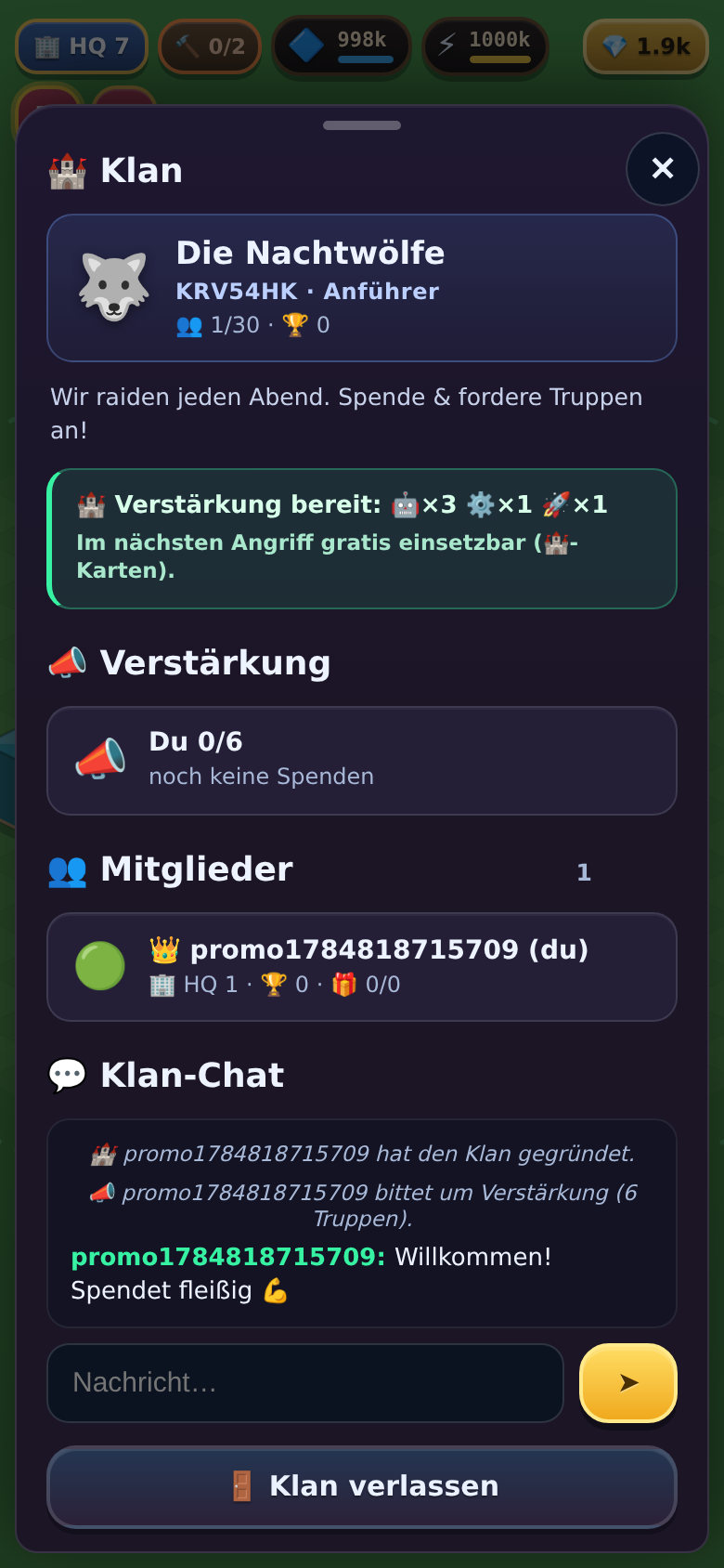 KelRaid Klan am Handy — Gruppen-Chat, Truppen-Anfrage und Verstärkungen unter Klankollegen